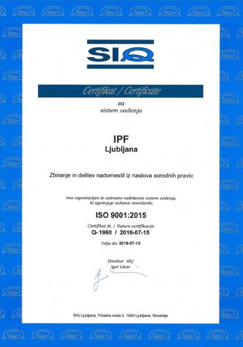IPF ISO 9001:2015 certifikat